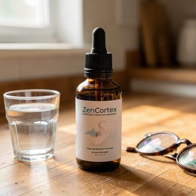 ZenCortex hearing support supplement bottle on a kitchen counter
